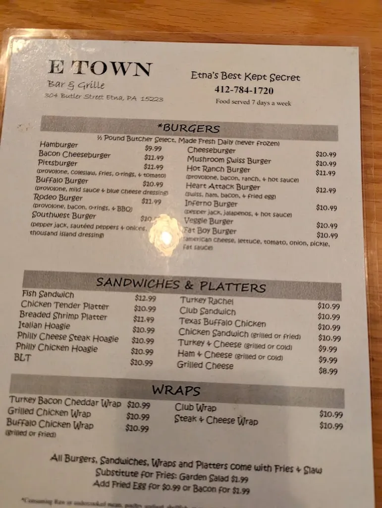 Menu_E Town Bar & Grill_Pittsburgh, PA_image_old_1