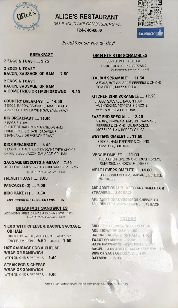 Menu_Alice's Restaurant_Canonsburg, PA_image_old_1