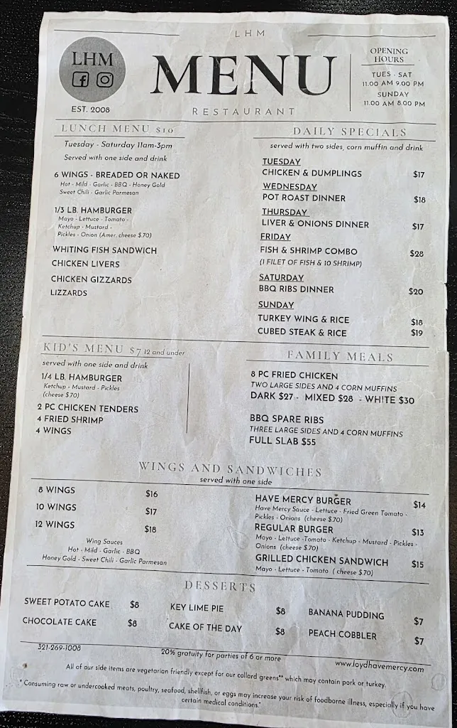 Menu_Loyd Have Mercy Restaurant_Titusville, FL_image_old_3