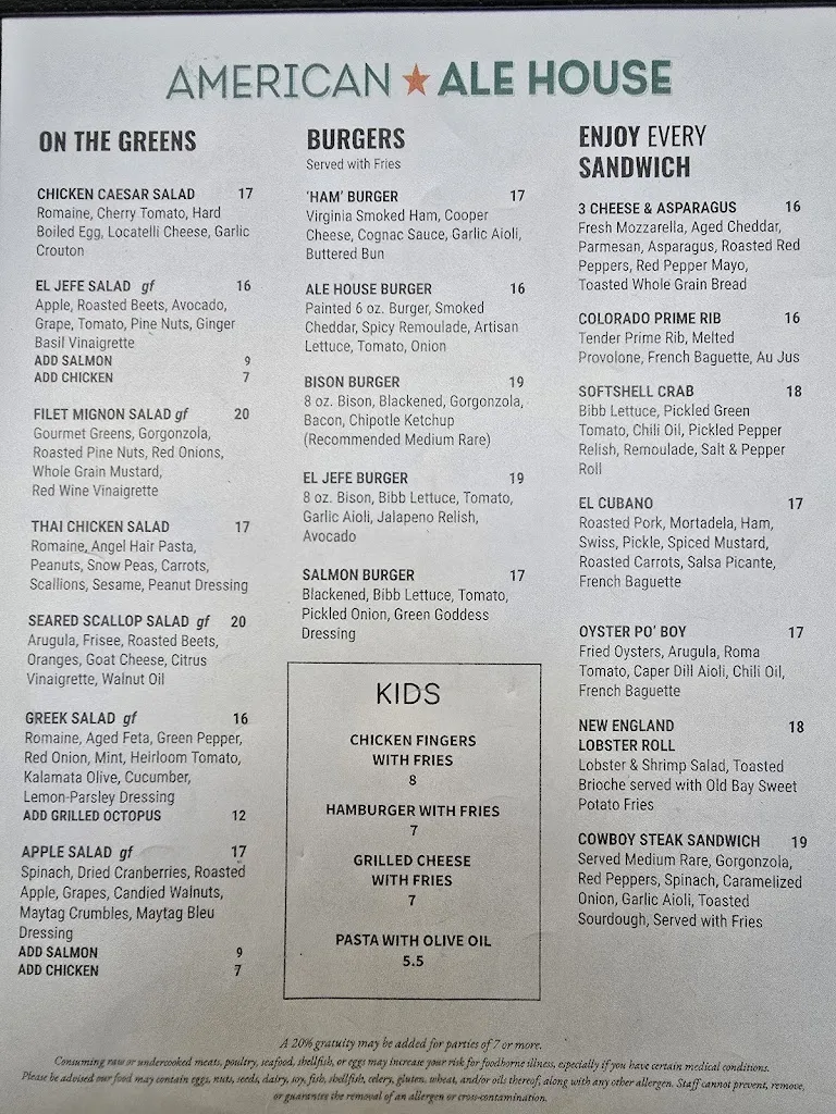 Menu_American Ale House_State College, PA_image_old_1