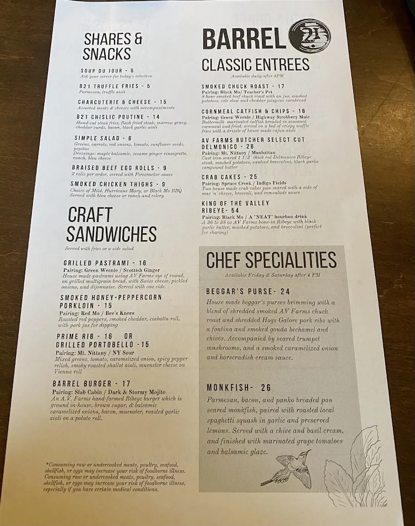 Menu_Barrel 21 Distillery and Dining_State College, PA_image_old_2