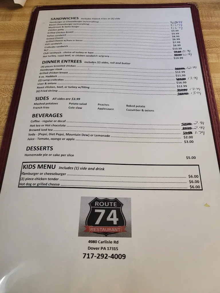 Menu_Route 74 Restaurant_Dover, PA_image_old_1
