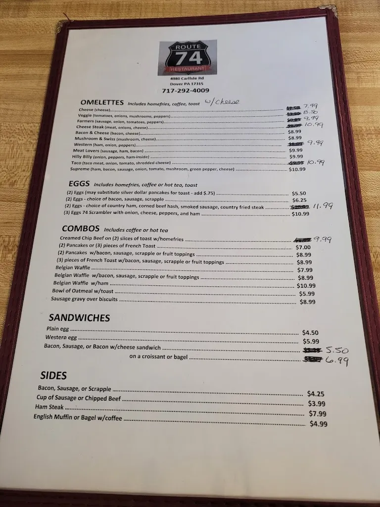 Menu_Route 74 Restaurant_Dover, PA_image_old_2