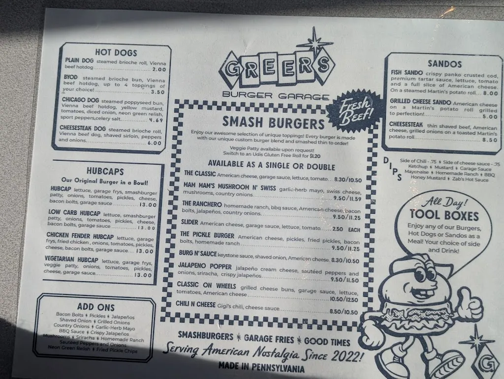 Menu_Greer’s Burger Garage_Dover, PA_image_old_2