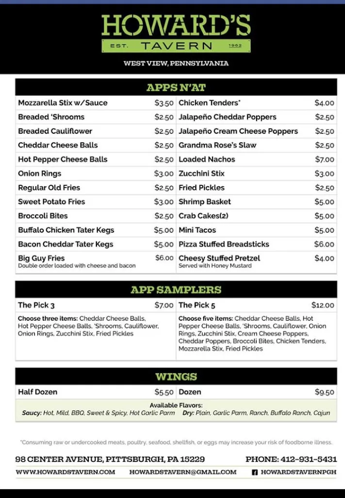 Menu_Howard's Tavern_Pittsburgh, PA_image_old_1