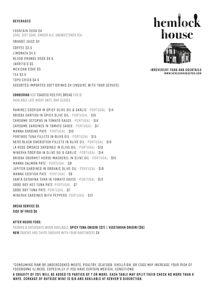 Menu_Hemlock House_Swissvale, PA_image_old_2