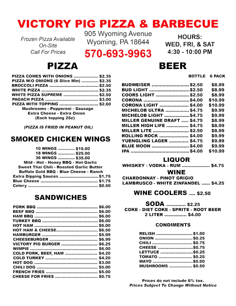 Menu_Victory Pig Pizza & Barbecue_Wyoming, PA_image_old_1