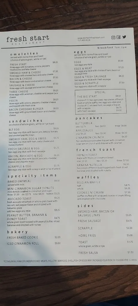 Menu_Fresh Start Restaurant_York, PA_image_old_1