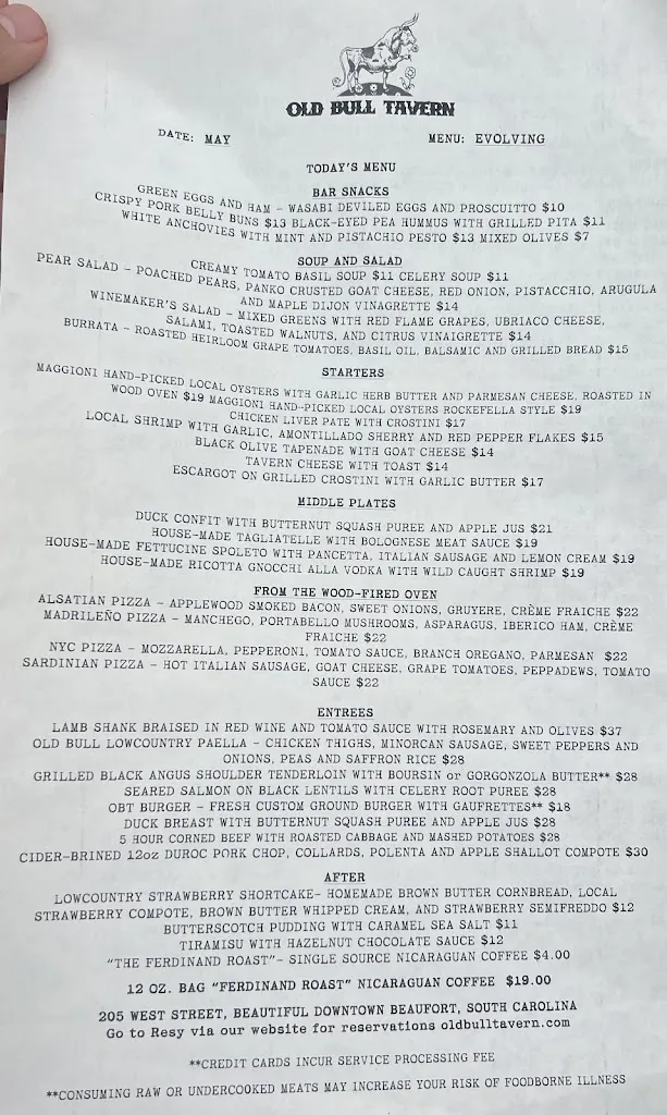 Menu_Old Bull Tavern_Beaufort, SC_image_old_1