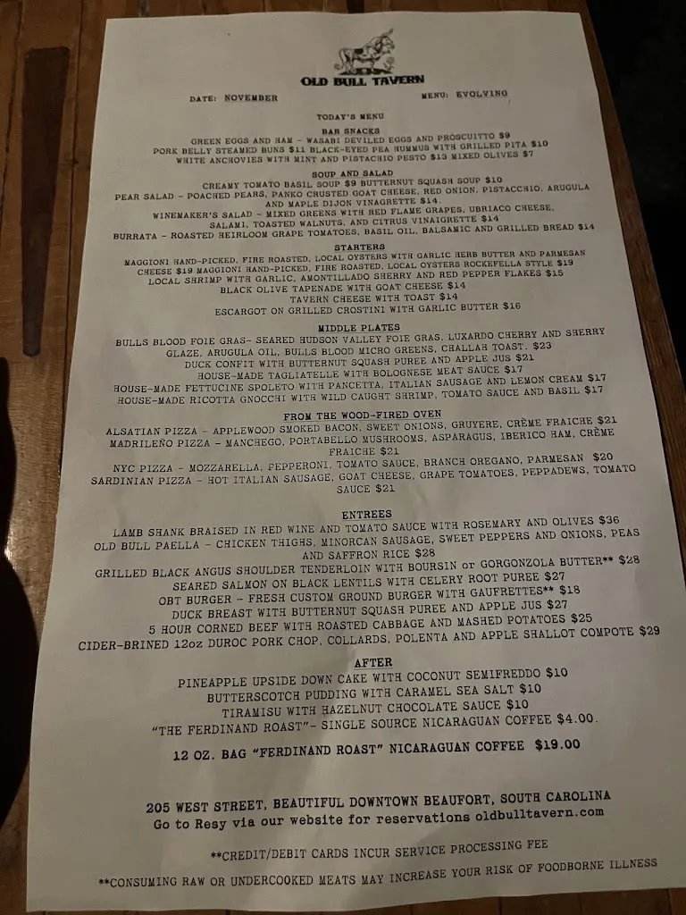 Menu_Old Bull Tavern_Beaufort, SC_image_old_2