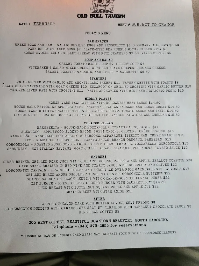 Menu_Old Bull Tavern_Beaufort, SC_image_old_3