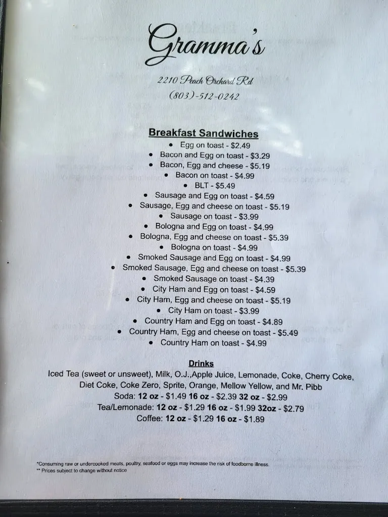 Menu_Gramma's_Sumter, SC_image_old_3