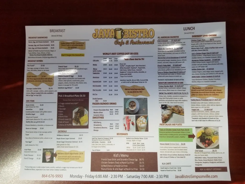 Menu_Java Bistro_Simpsonville, SC_image_old_2