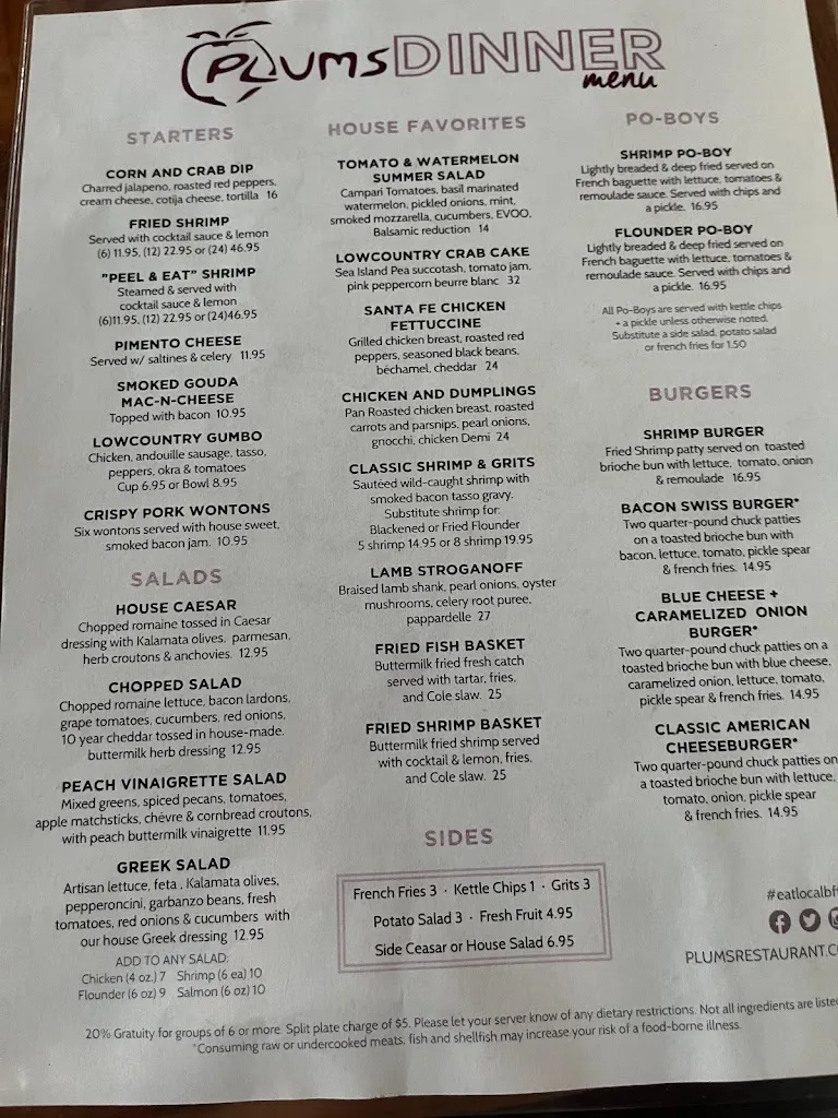 Menu_Plums Restaurant_Beaufort, SC_image_old_2