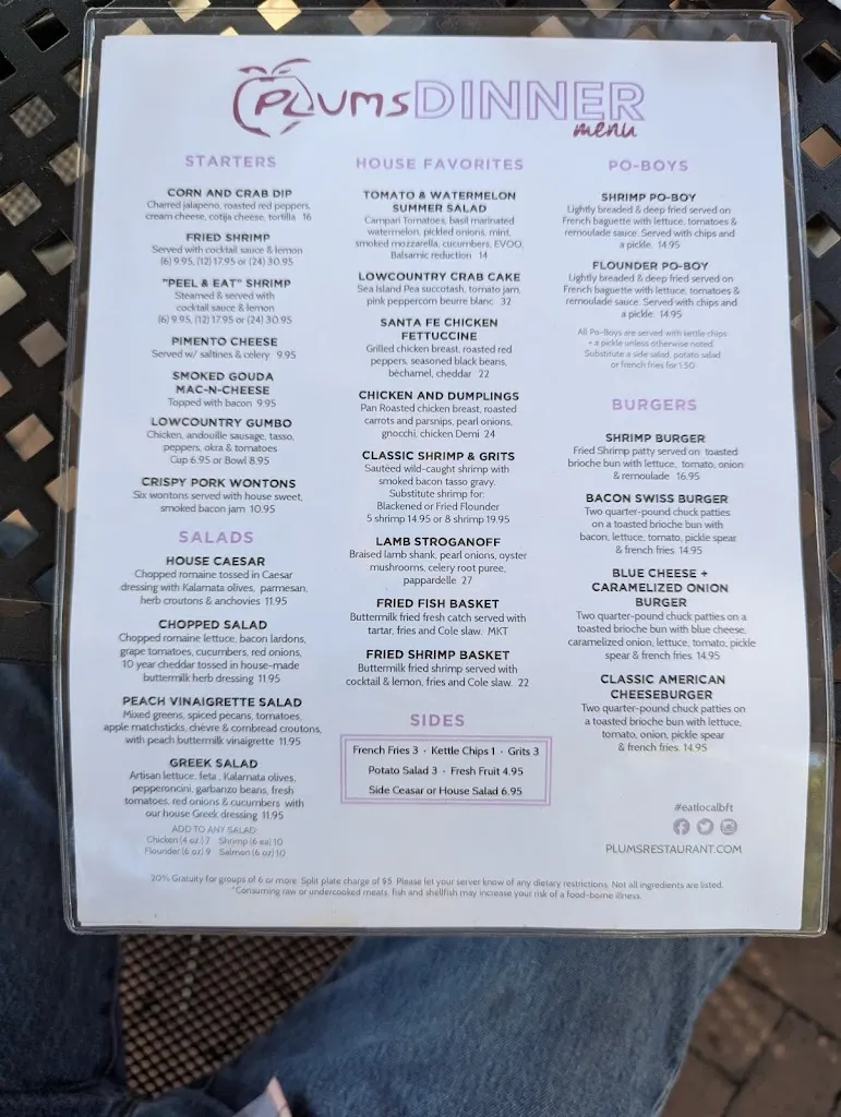 Menu_Plums Restaurant_Beaufort, SC_image_old_3