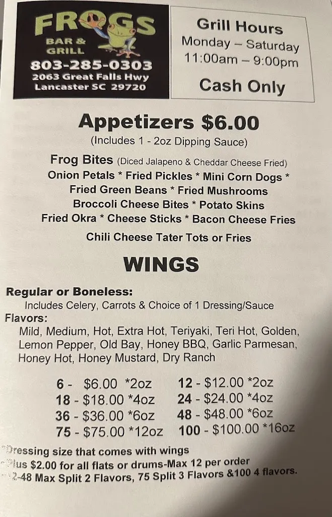 Menu_Frog's Bar & Grill_Lancaster, SC_image_old_1