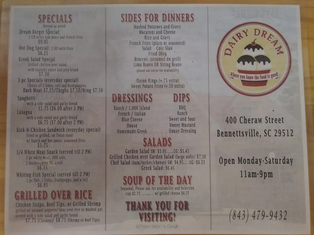Menu_Dairy Dream Drive In_Bennettsville, SC_image_old_3