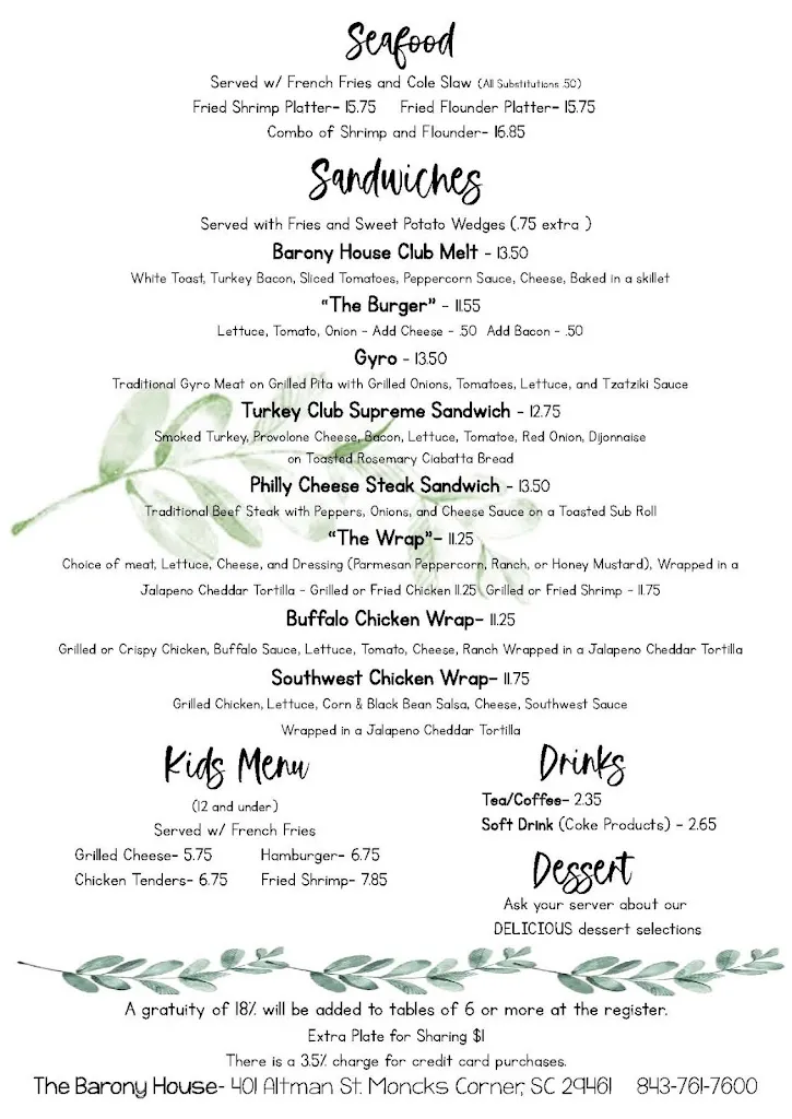 Menu_The Barony House_Moncks Corner, SC_image_old_1