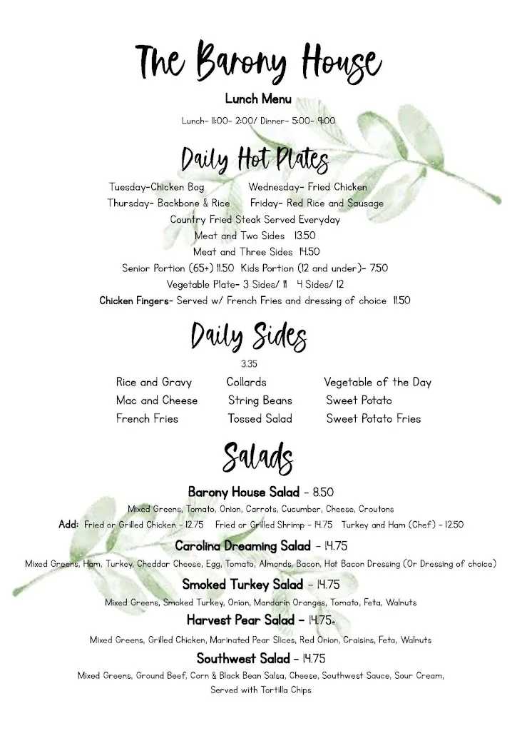 Menu_The Barony House_Moncks Corner, SC_image_old_2