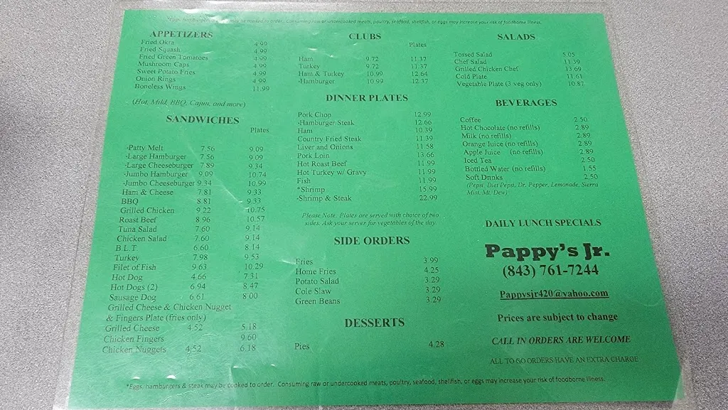 Menu_Pappy's Jr_Moncks Corner, SC_image_old_1