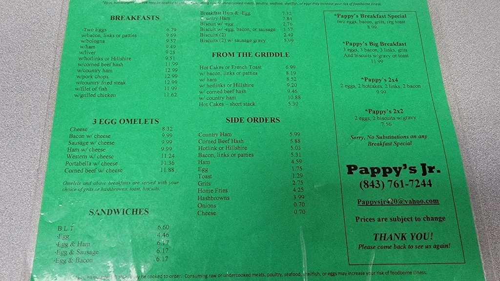 Menu_Pappy's Jr_Moncks Corner, SC_image_old_2