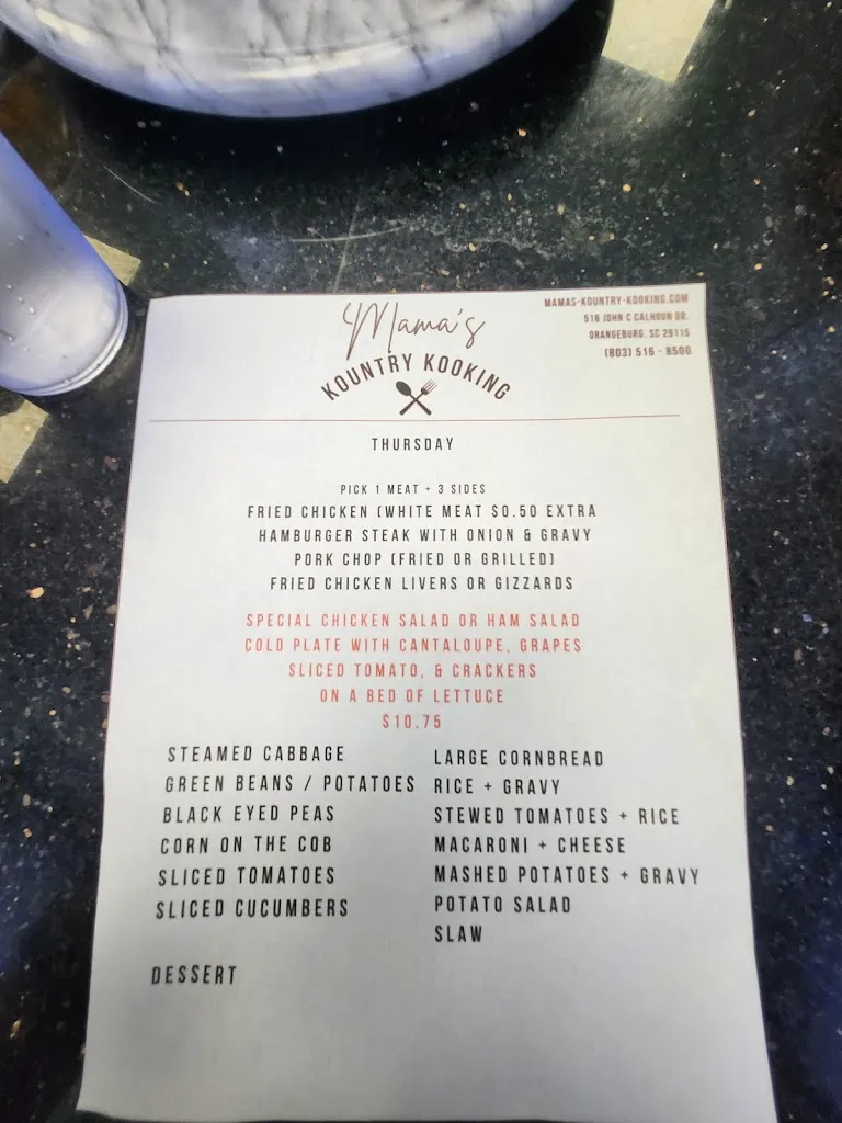 Menu_Mama's Kountry Kooking_Orangeburg, SC_image_old_3
