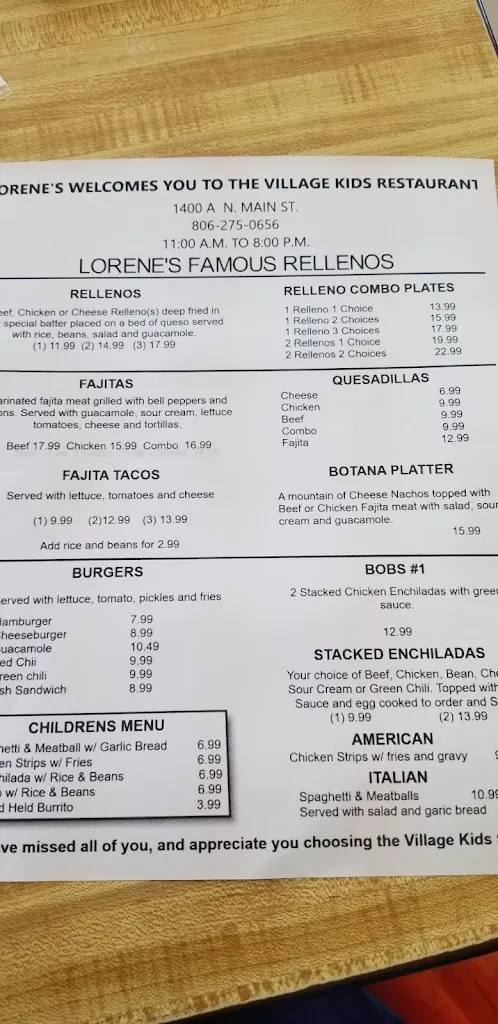 Menu_The Village Kids Take-out_Borger, TX_image_old_1