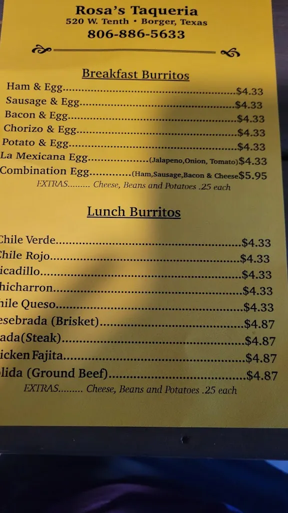 Menu_Rosa's Taqueria_Borger, TX_image_old_1