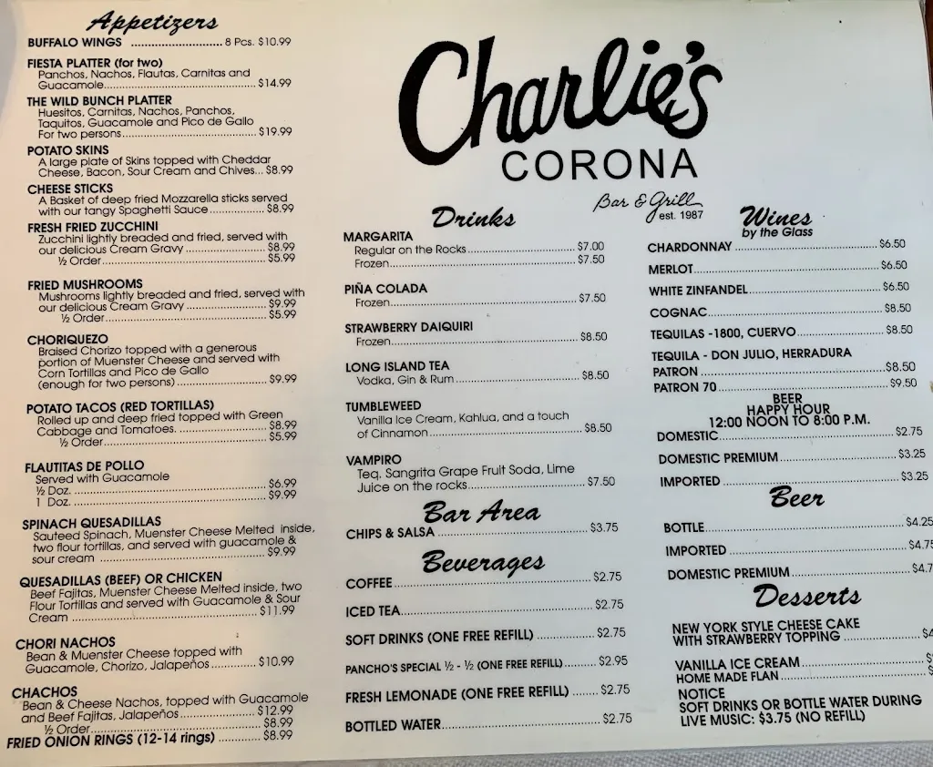 Menu_Charlie's Corona Bar and Grill_Laredo, TX_image_old_2