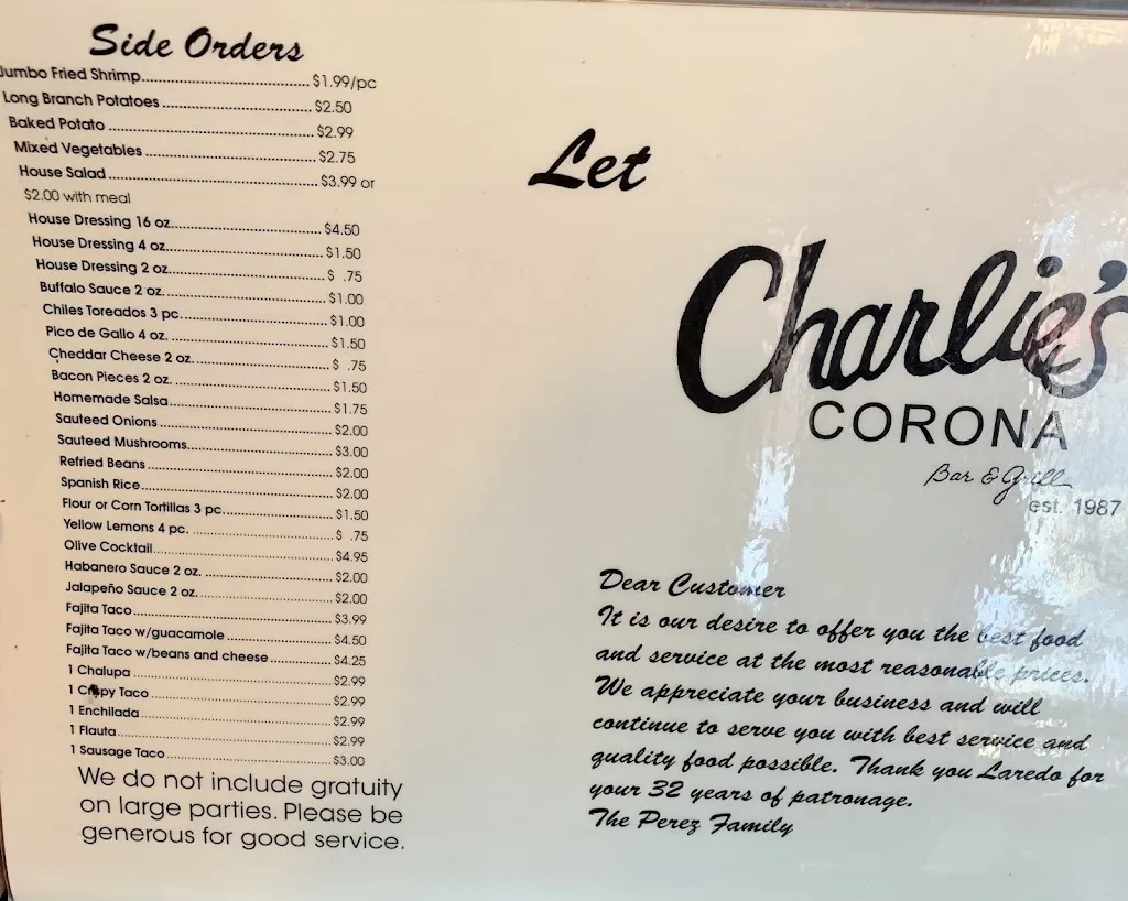 Menu_Charlie's Corona Bar and Grill_Laredo, TX_image_old_3