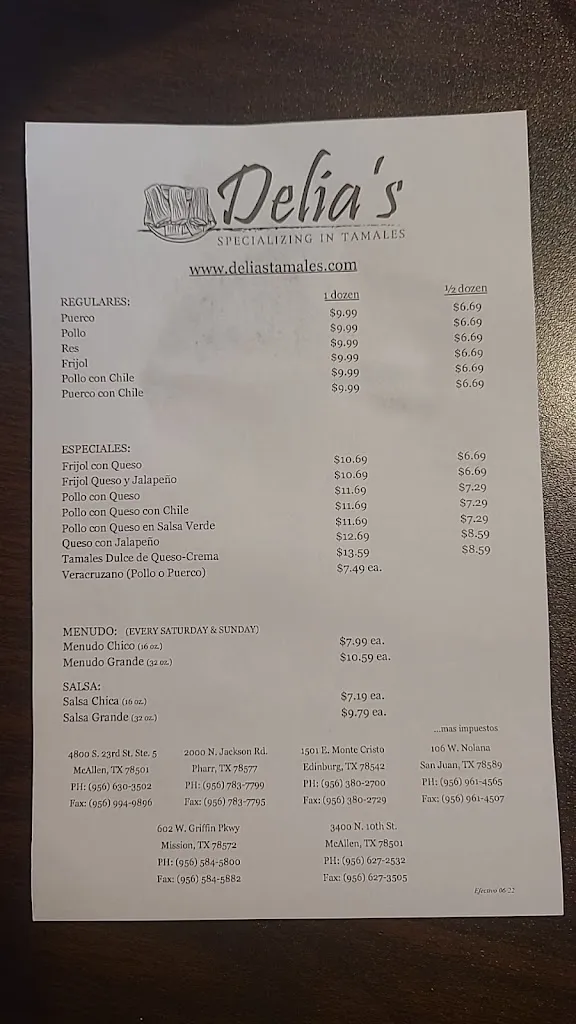 Menu_Delia's Specializing in Tamales_San Juan, TX_image_old_2