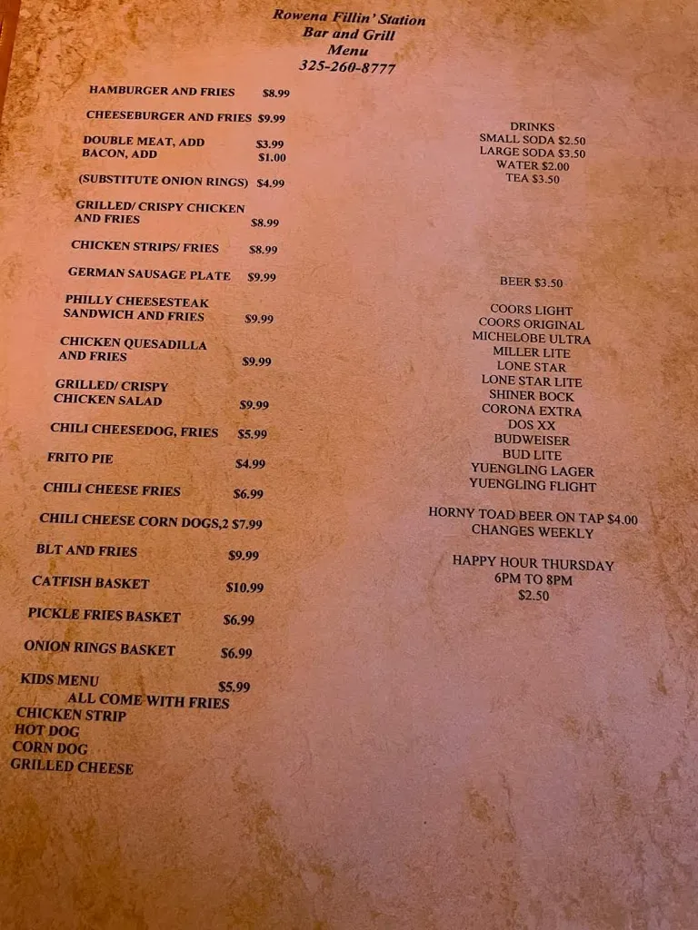Menu_Rowena Fillin' Station Bar and Grill_Rowena, TX_image_old_1