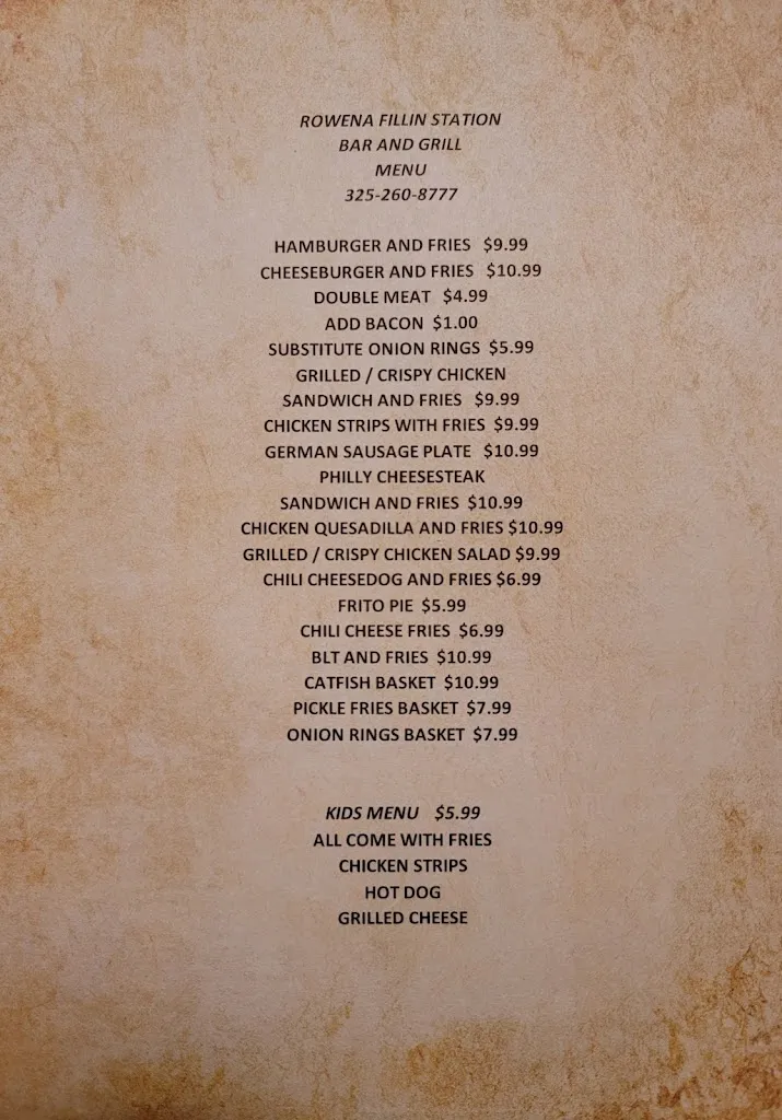 Menu_Rowena Fillin' Station Bar and Grill_Rowena, TX_image_old_2