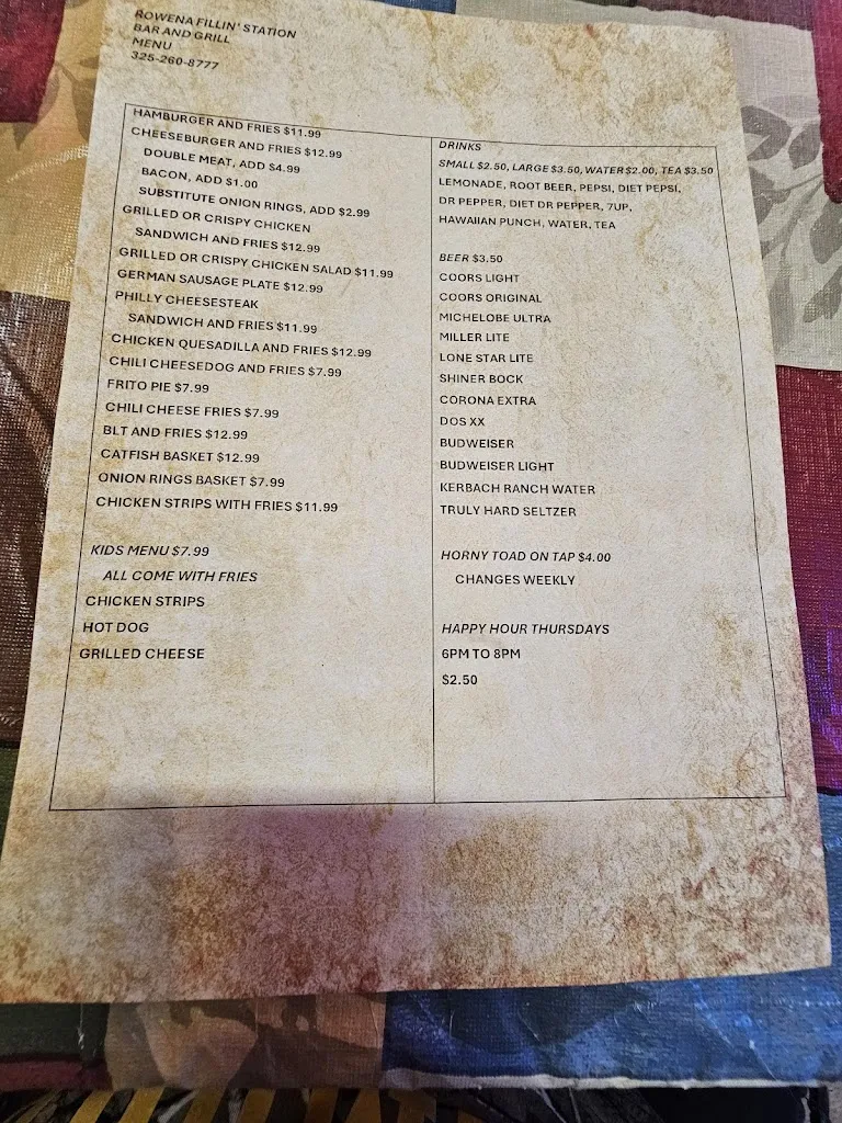 Menu_Rowena Fillin' Station Bar and Grill_Rowena, TX_image_old_3