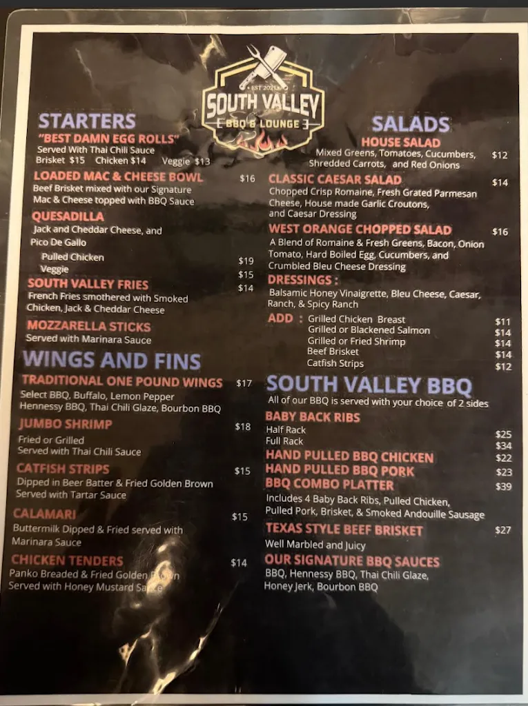 Menu_South Valley BBQ and Lounge_West Orange, NJ_image_old_1
