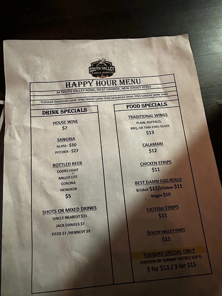 Menu_South Valley BBQ and Lounge_West Orange, NJ_image_old_3