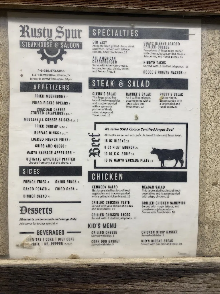 Menu_The Rusty Spur Steakhouse & Saloon_Vernon, TX_image_old_1