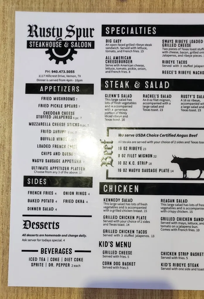Menu_The Rusty Spur Steakhouse & Saloon_Vernon, TX_image_old_2