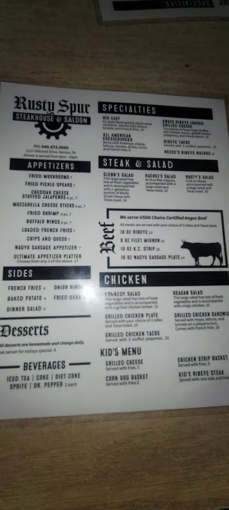 Menu_The Rusty Spur Steakhouse & Saloon_Vernon, TX_image_old_3
