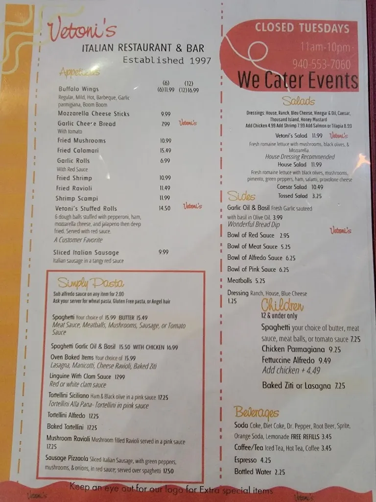 Menu_Vetoni’s Authentic Italian Restaurant & Bar_Vernon, TX_image_old_1