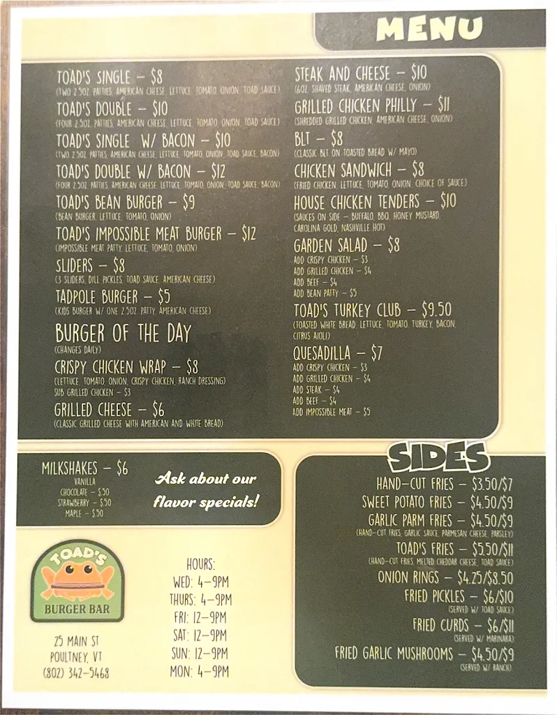 Menu_Toad's Burger Bar_Poultney, VT_image_old_1
