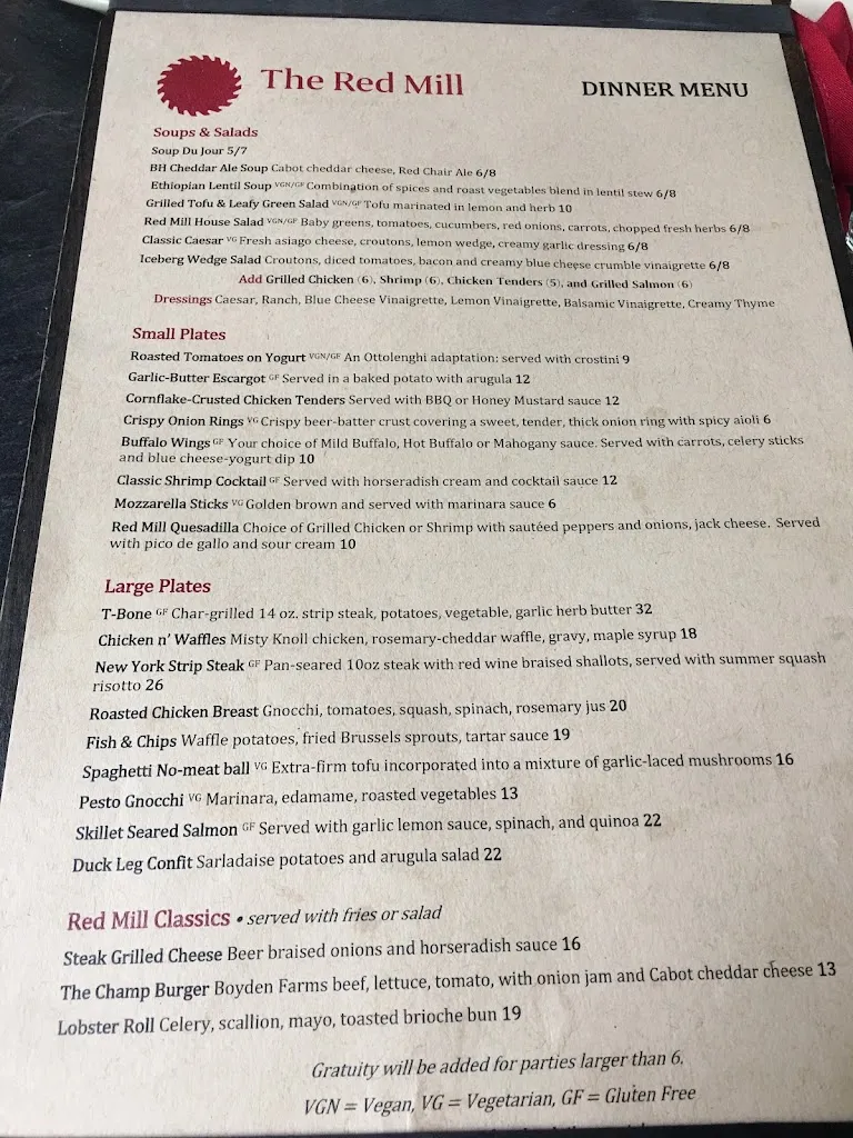 Menu_Red Mill Restaurant_Vergennes, VT_image_old_1