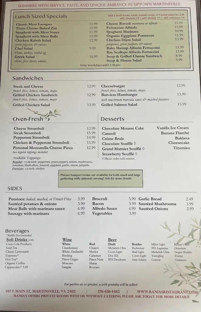 Menu_Rania's Restaurant Bar & Grill_Martinsville, VA_image_old_1