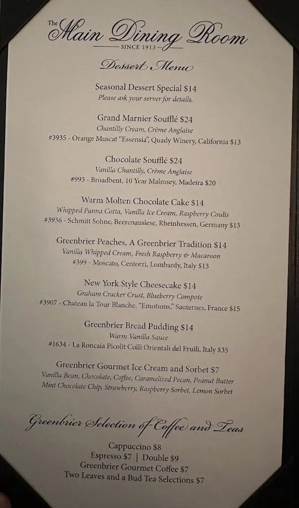 Menu_The Main Dining Room at The Greenbrier_White Sulphur Springs, WV_image_old_1