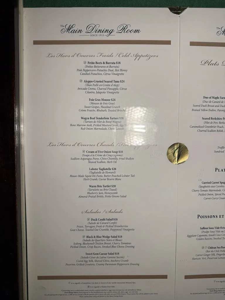 Menu_The Main Dining Room at The Greenbrier_White Sulphur Springs, WV_image_old_3
