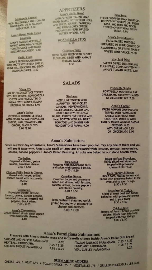 Menu_Anna's Ristorante Pasta, Vino & Pizza_Smithfield, VA_image_old_2