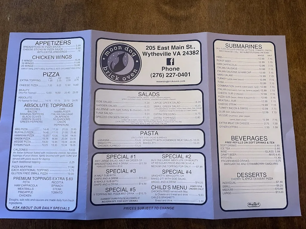 Menu_Moon Dog Brick Oven - Wytheville, VA_Wytheville, VA_image_old_1