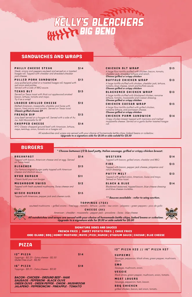 Menu_Kelly's Bleachers Big Bend_Big Bend, WI_image_old_1