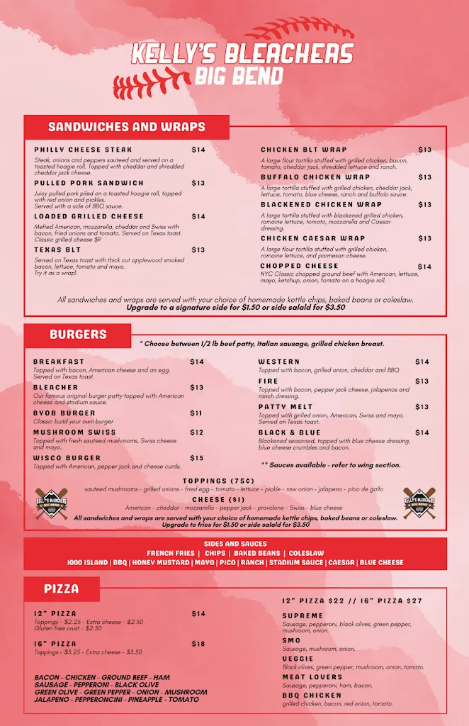 Menu_Kelly's Bleachers Big Bend_Big Bend, WI_image_old_2