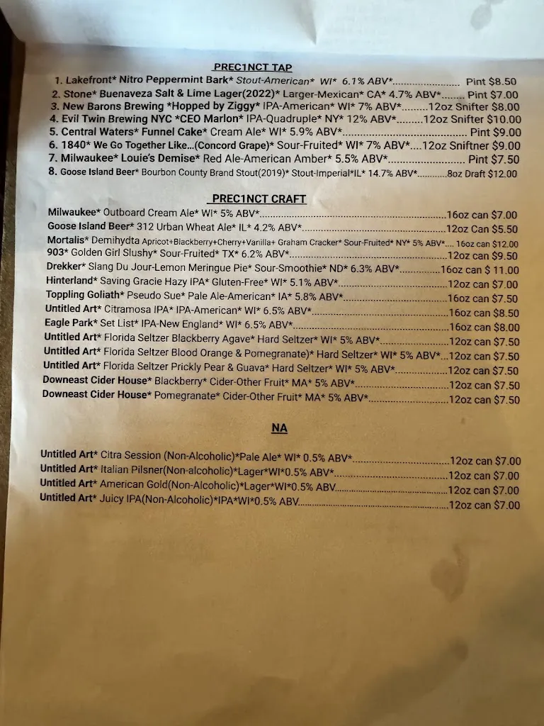Menu_Precinct Tap & Table_Germantown, WI_image_old_1